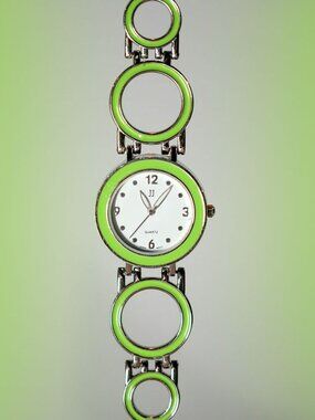 Vintage JJ Quartz Bracelet Watch — Green Enamel Art Deco Charm